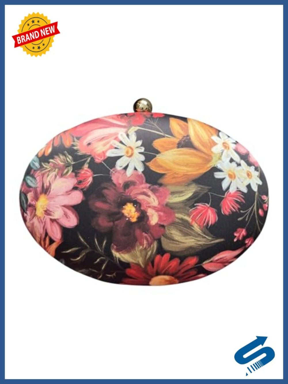Floral Printed Oval Clutch Evening Bag with Chain Strap and Lock Closure